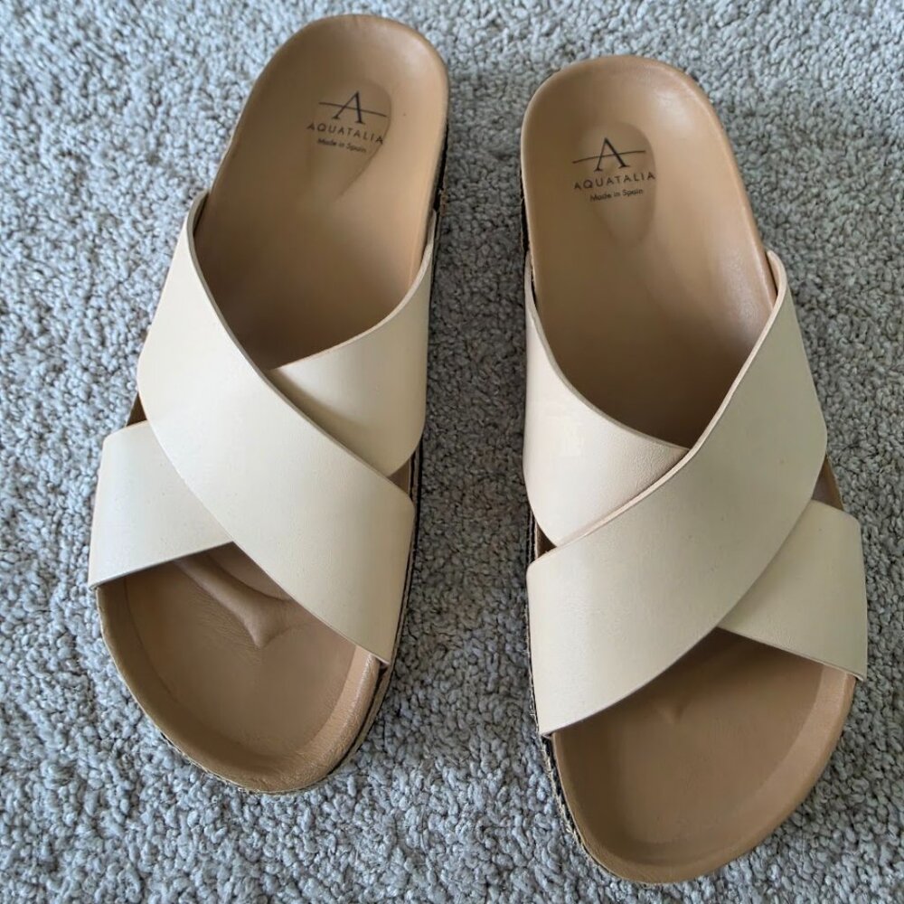 Aquatalia Womens Ariana Leather Crossover Platform Sandals Shoes Cream Size 9